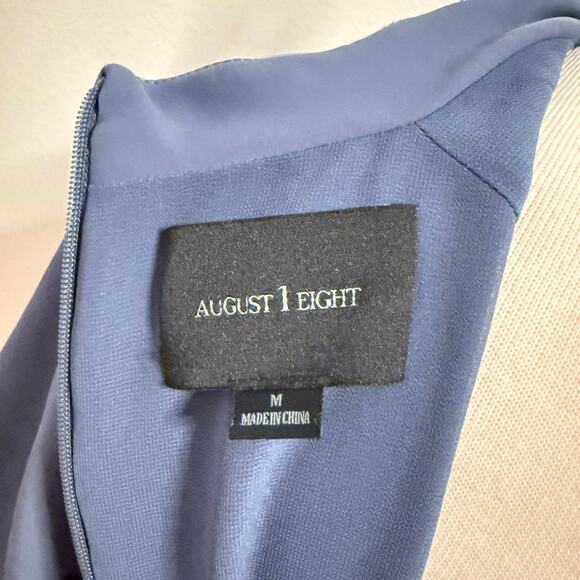 August 1 Eight Mandarin Collar Cutout Peplum Lined Blouse Sz M Blue Office Femme - Picture 6 of 8